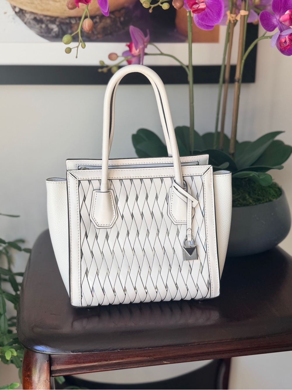 Michael Kors White Woven Leather Tote